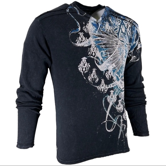 Archaic by Affliction Men's Thermal Shirt WOODCUTS Black Biker - Picture 6 of 6